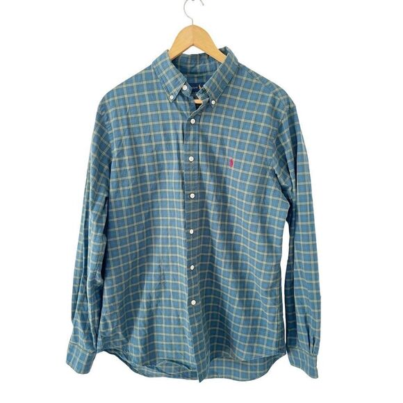 Ralph Lauren Blue Label Green Blue Plaid Long Sleeve Cotton Dress Shirt - Picture 1 of 7